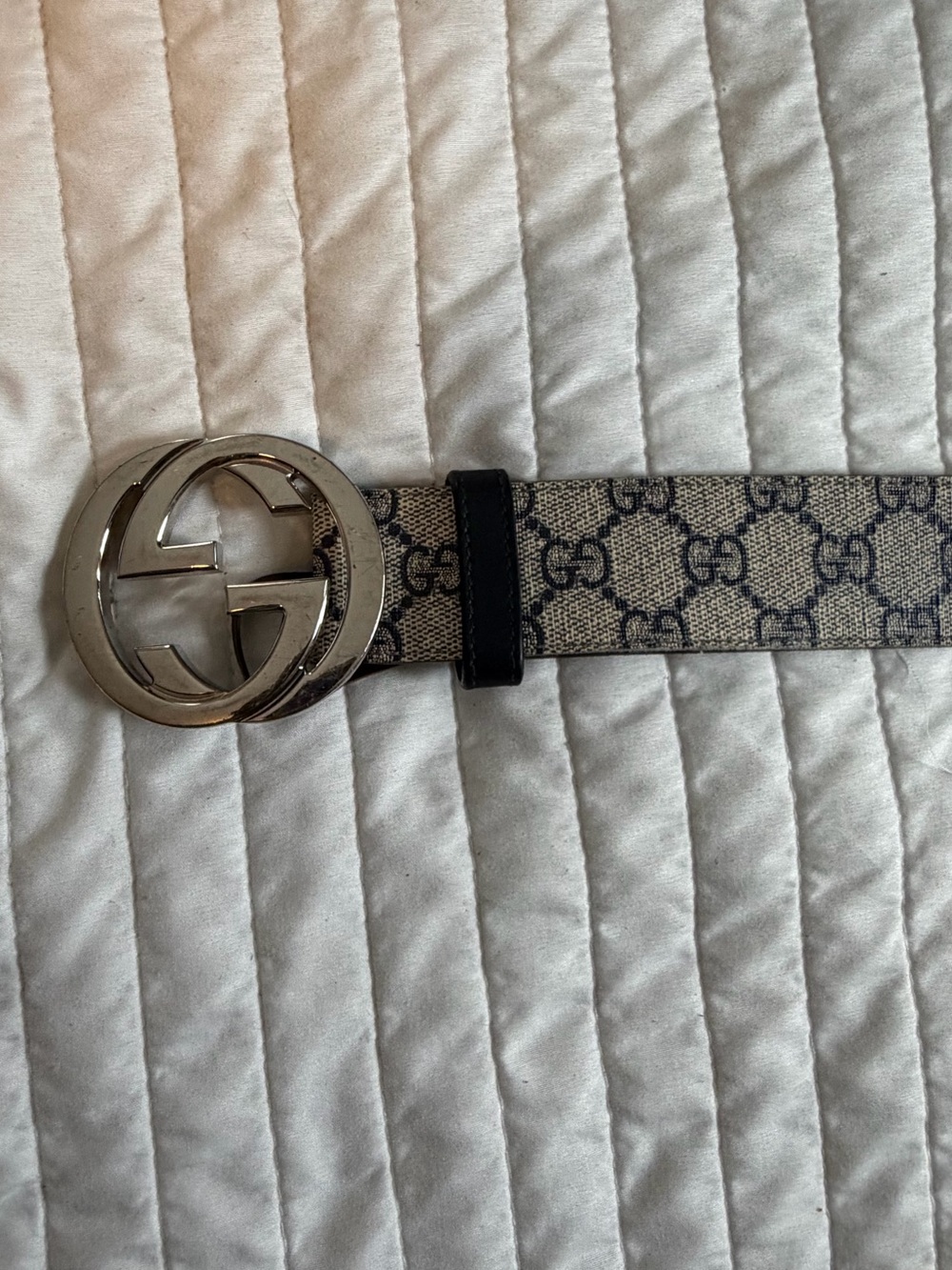 Beige & Navy GG Canvas Belt with Silver Interlocking G Buckle